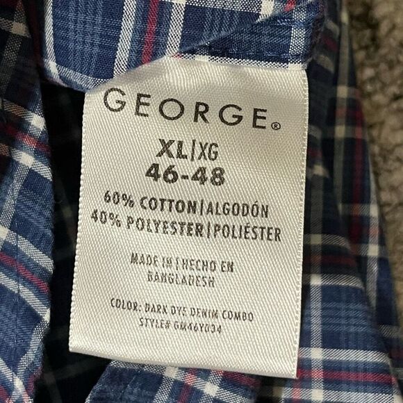 George Mens XL Button Front Shirt Red Blue Plaid Print Long Sleeves Patriotic - Picture 2 of 5